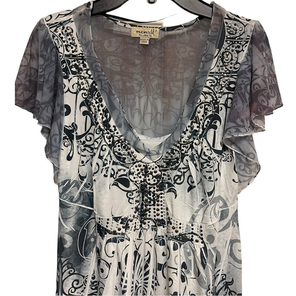 ONE WORLD Dress Knee Length Black White Gray Studded Mesh Flutter Sleeve Small - Picture 4 of 10